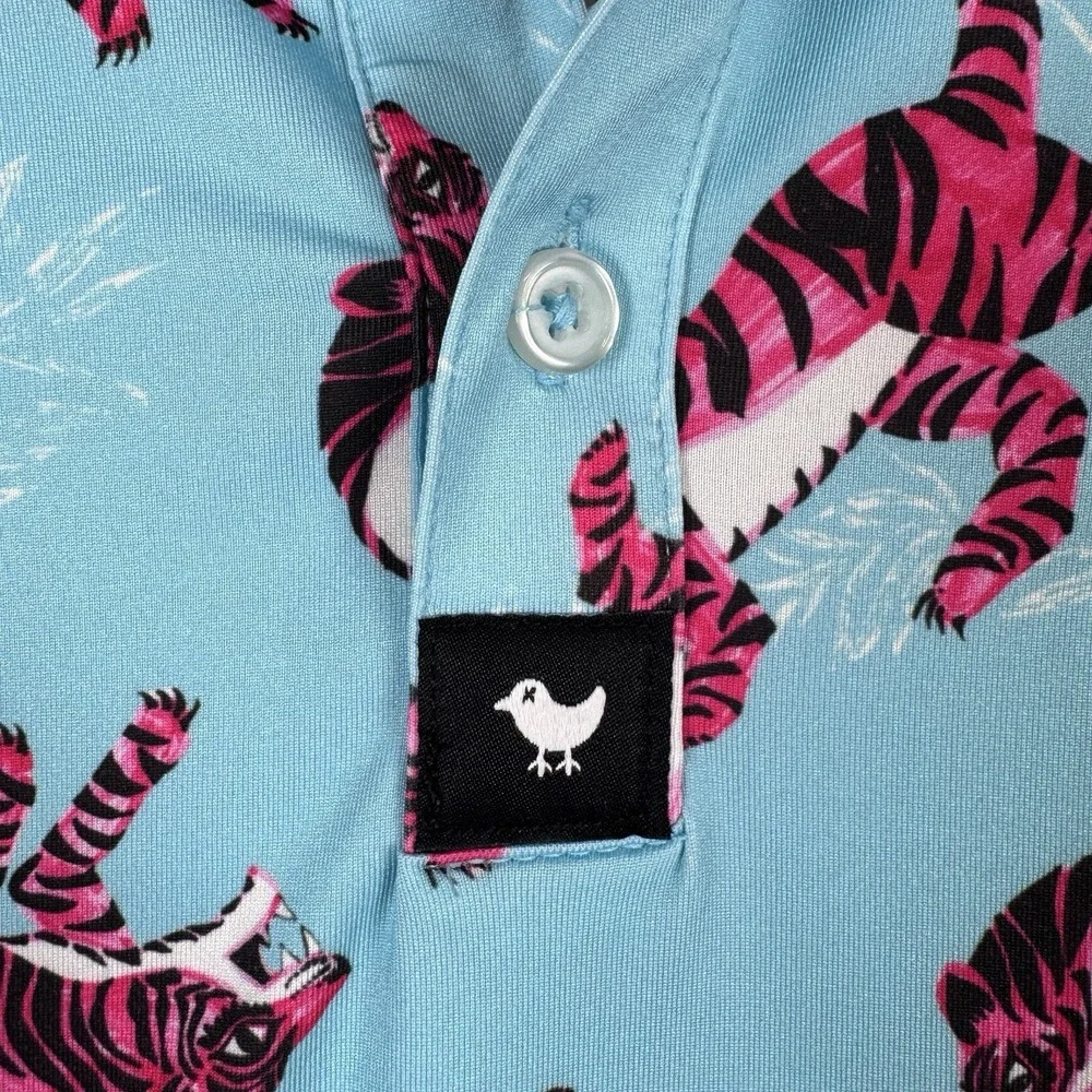Bad Birdie Polo Mens Large Blue‎ Tiger Watch Print Performance Stretch Golf LOGO